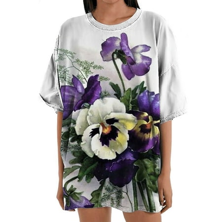 

Mrat Womens Work Blouses Short Sleeve Round-Neck Blouses & Shirts Ladies Short Sleeves Flower Printed Pattern Casual Tops Blouse Bustier Tops For Female