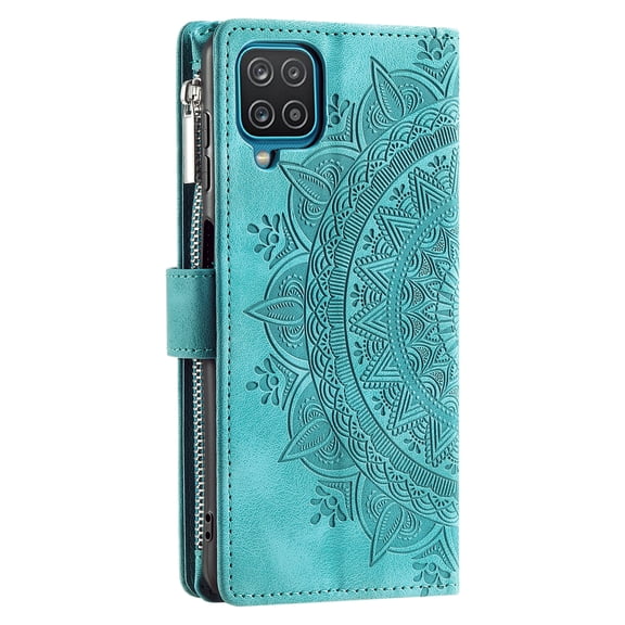 ShellTechb Galaxy A12 5G Case Wallet for Women, Zipper Card Holder Mandala Embosssed PU Leather Wrist Strap Book Folio Flip Cover Compatible,Green