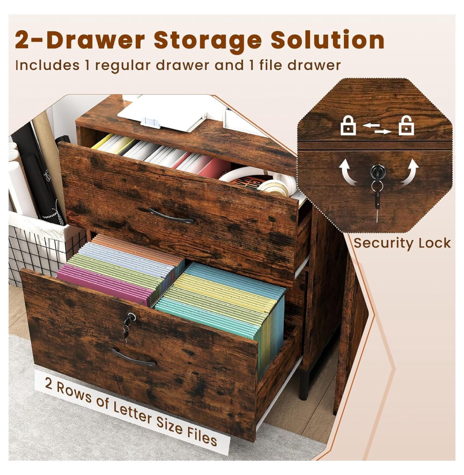 File Cabinet, 2 Drawer File Cabinet with Open Shelves & Anti-toppling Device, Industrial Lateral File Cabinet with Lock for Letter Size File Folders, Rustic Large Printer Stand, Rustic Brown