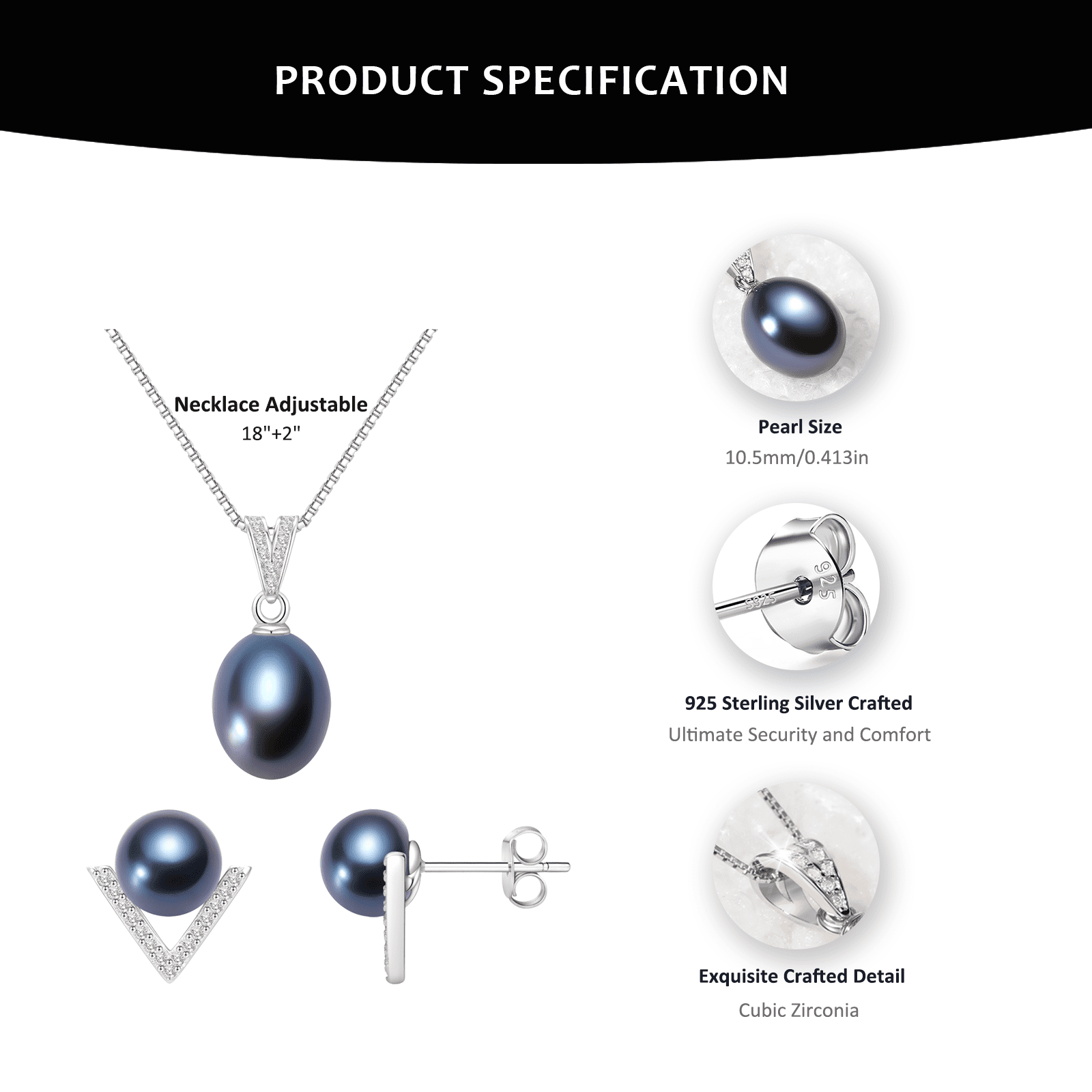 Yami Black  Teardrop Pearl Necklace and Earrings Set Saltwater Cultured Pearls in 925 Sterling Silver Jewelry Gift Set for Her