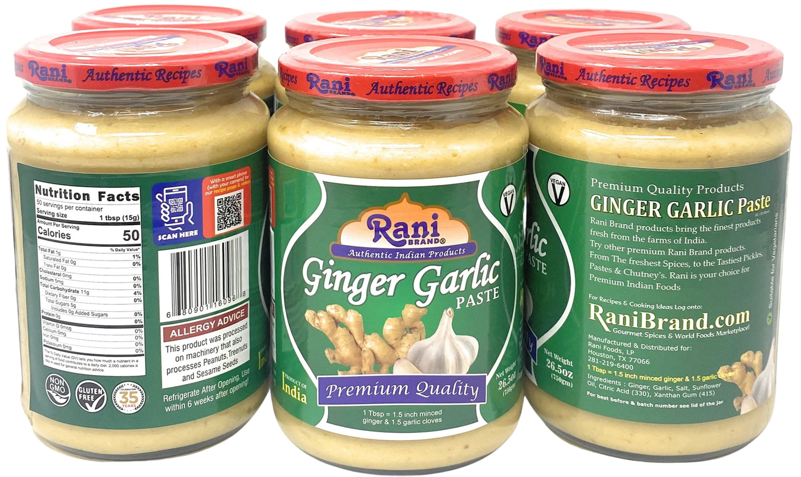 Rani Ginger Garlic Cooking Paste 26.5oz (750g) Glass Jar, Pack of 5+1 FREE ~ Vegan | Gluten Free | NON-GMO | No Colors | Indian Origin