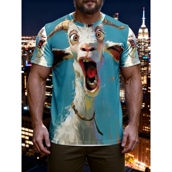Men's T-shirt featuring a stunning big-eyed goat design. This stylish casual jumper with a crew neck design is perfect for everyday wear, beach wear