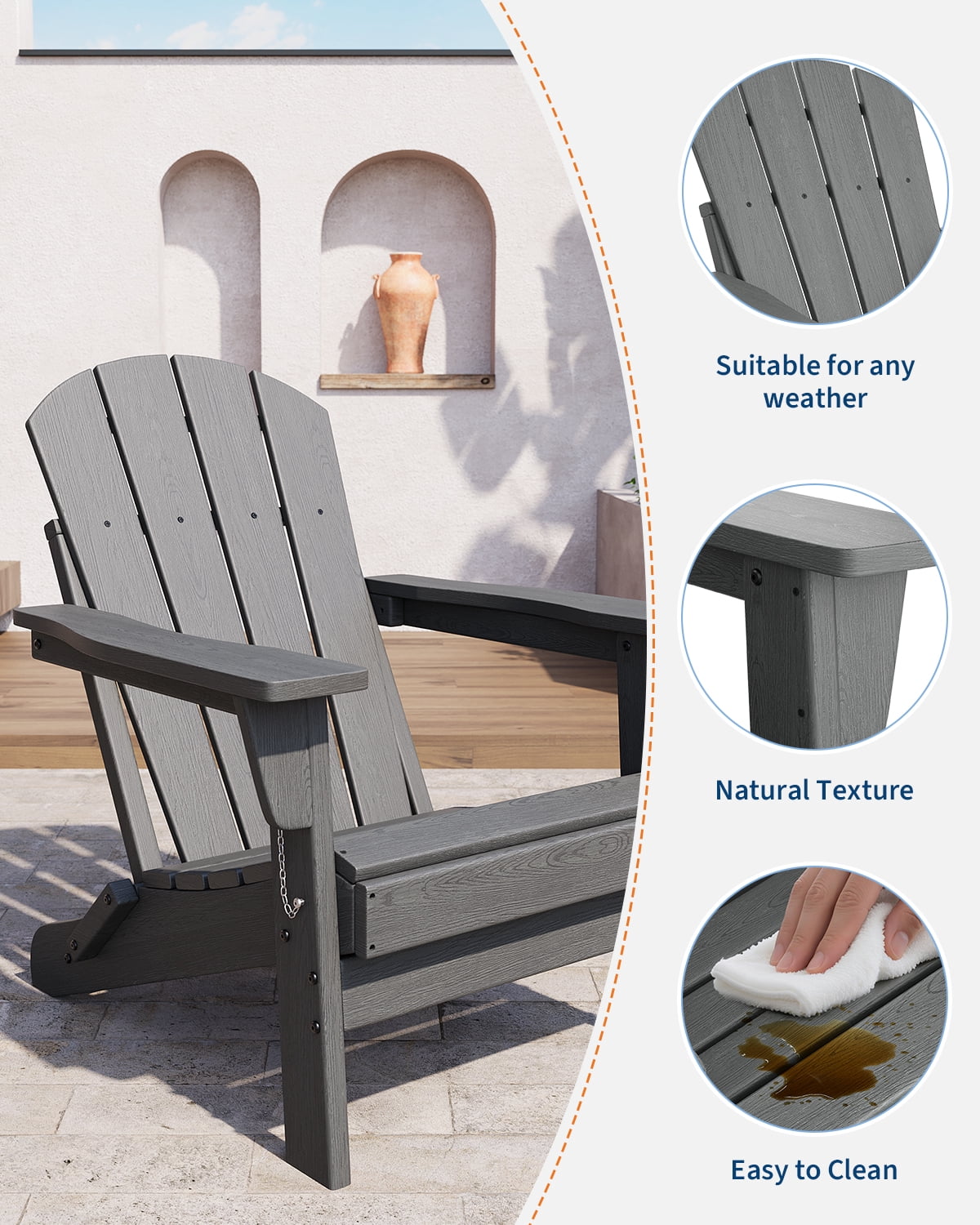 SOLLED Folding Patio Chair, Heavy Duty HDPE Adirondack Chair with 380 lbs Capacity & Cup Holder, All-Weather Outdoor Chair for Backyard Poolside Garden,Gray
