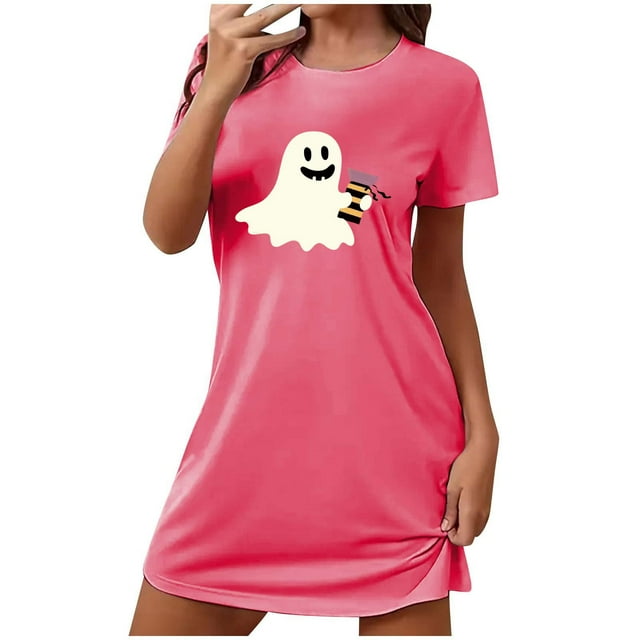 Sakmal Robe de Nuit Moomoo pour Femmes Grande Taille, Ludique, Légère, Rose, Halloween, Robe Mumu, Courte, Manches Courtes, Imprimé Fantôme, Col Ras du Cou, Robes de Nuit P-2TG