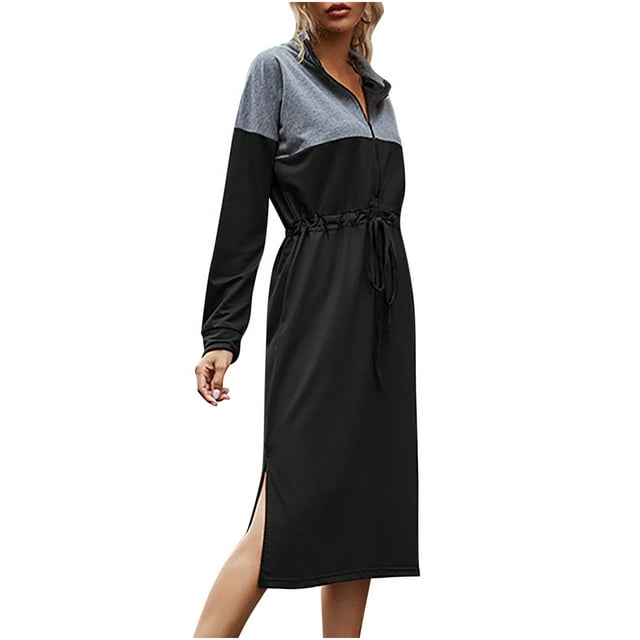 Fall Dresses for Women Color Block Zipper Drawstring Long Sleeve Dress Side Split Casual Loose Fit Midi Dresses