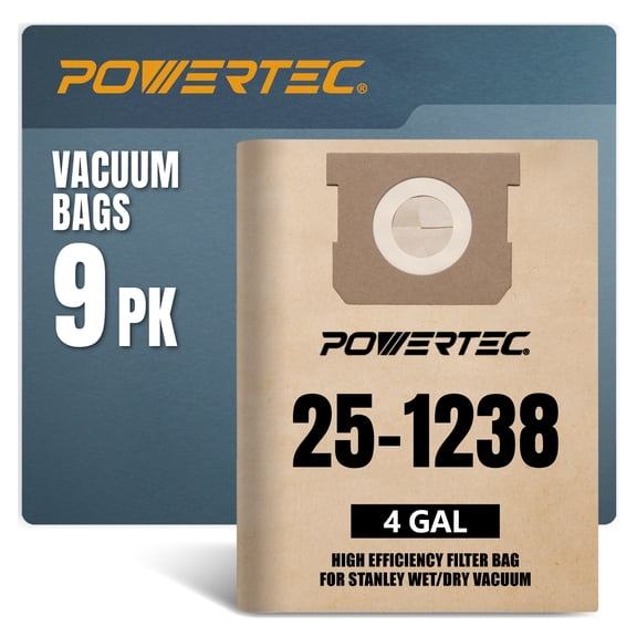 POWERTEC 9PK Stanley 25-1238/Porter Cable PCX18301-4B, SL18301-3B 4 Gallon Vacuum Bags, Replacement Filter Bags for Stanley & Porter Cable (75051-P3)