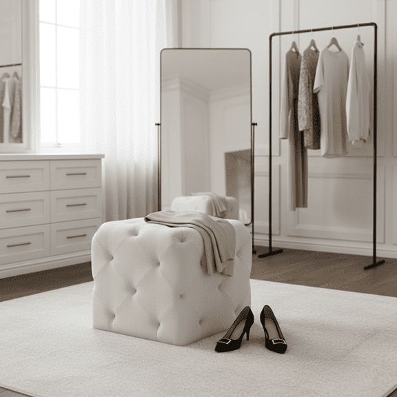 19-Inch Square Tufted Ottoman Footstool, Upholstered Cube Pouf with Button Tufting for Living Room, Bedroom (Multiple Fabrics)