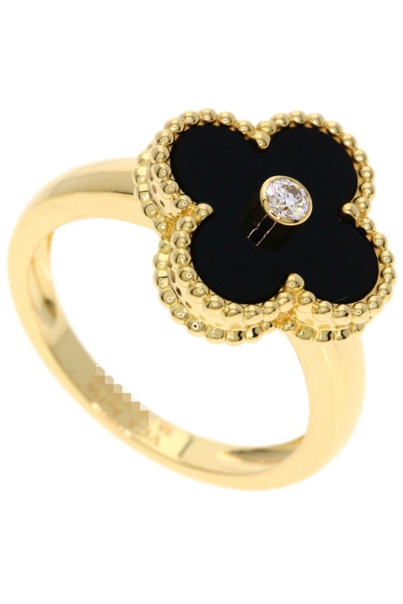 Pre-Owned Van Cleef & Arpels Vintage Alhambra Diamond Onyx Ring #55 18K Yellow Gold Women's