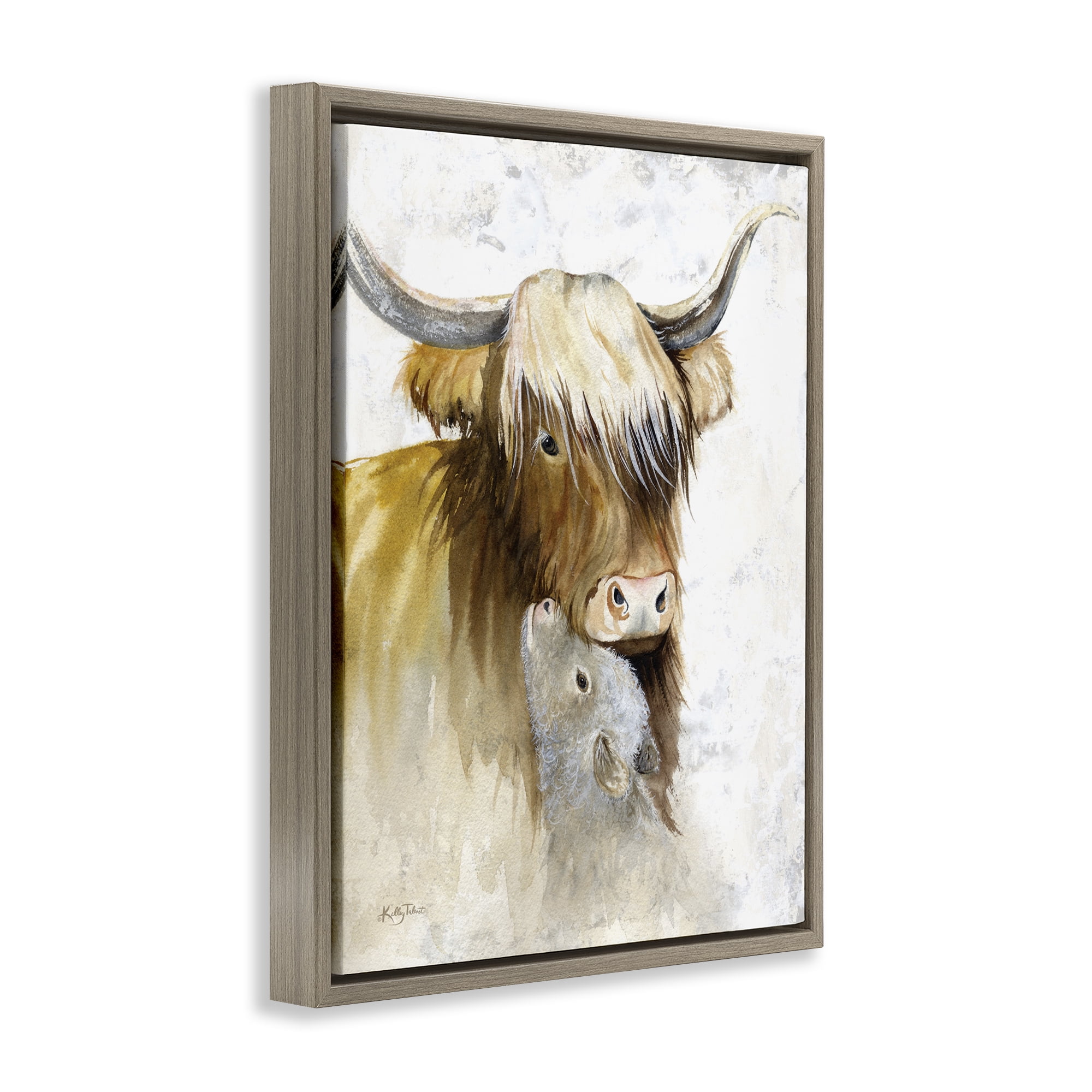 Stupell Industries Neutral Longhorn & Calf Animals & Insects Painting Brown Floater Framed Canvas Art Print Wall Art, 25 x 31