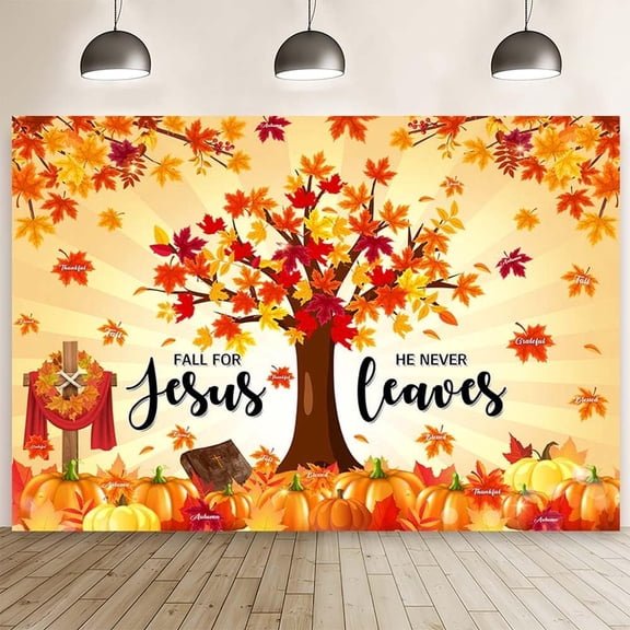 7x5Ft Fall for Jesus He Never Leaves Backdrop Pumpkin Autumn Maple Leaf Decorations Banner Christian Religion Background Thanksgiving Party Photo Booth Props