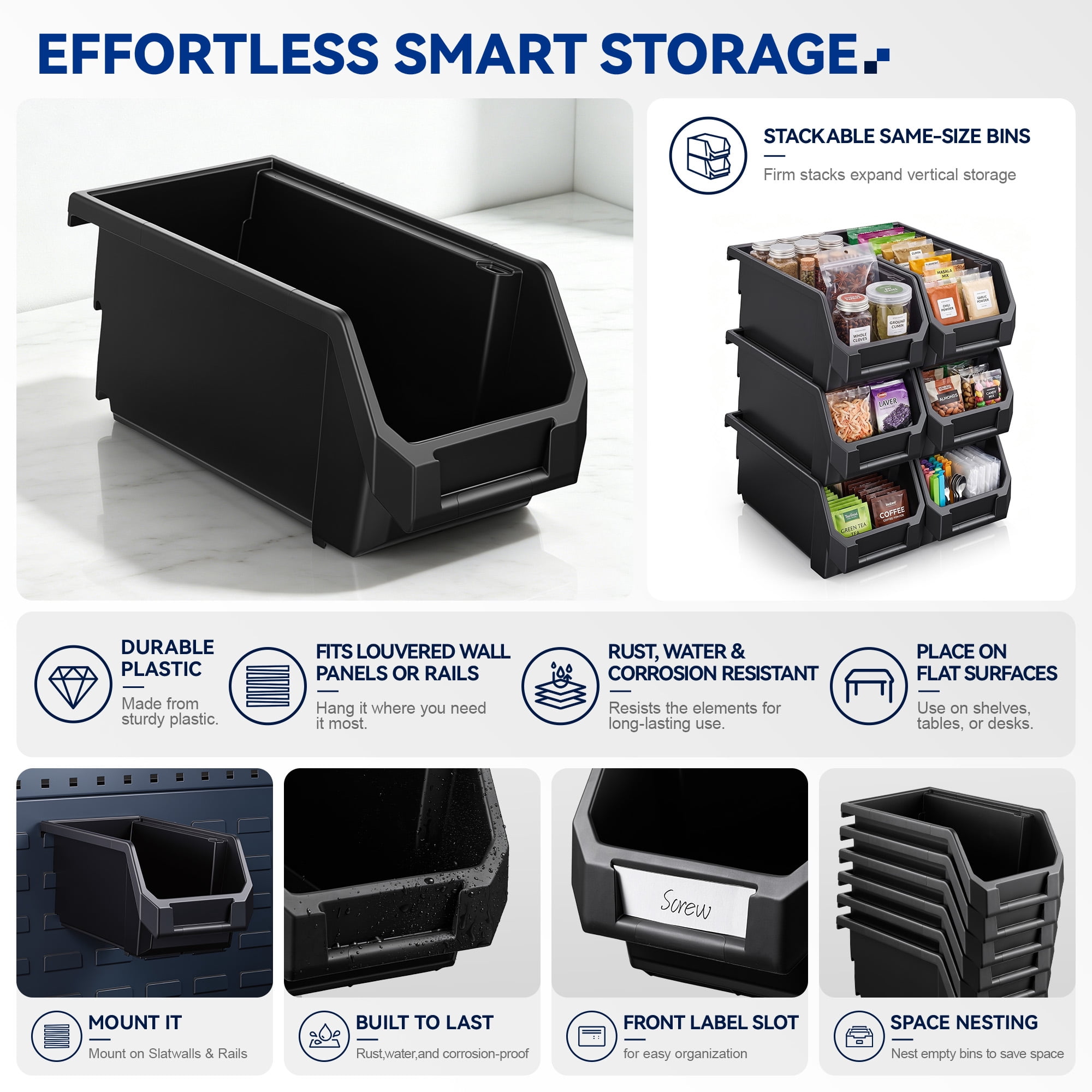 Sorbus Extra Small Open Front Stackable Pantry Storage Bins, 5-Pack, Black