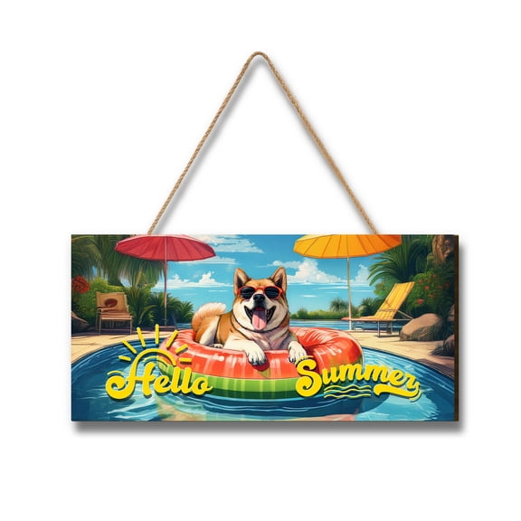 Hello Summer Akita Pool Day on Watermelon Float Landscape Wood Sign Inu Dog Lover Hanging Wall Home Decor - 13008