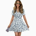 thumbnail image 2 of Blue Watercolor Leaf Pattern Women Dress V-Neck Short Sleeve Flowy Swing Party Midi Dress, 2 of 4