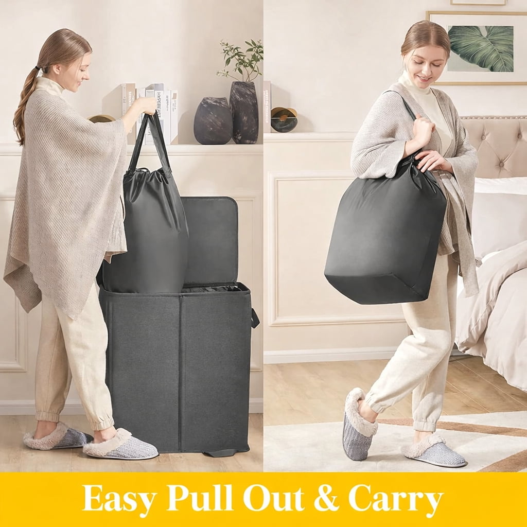 Norcho Double Laundry Hamper with Lid and Removable Bags, Large Collapsible 2-Divider Laundry Basket with Handles, 136L, Black
