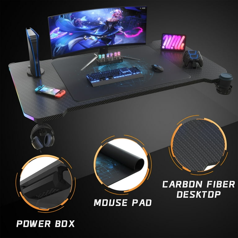 Homall Gamer PC Desk, 55'' Z-Shaped, RGB Lights, Carbon Fiber