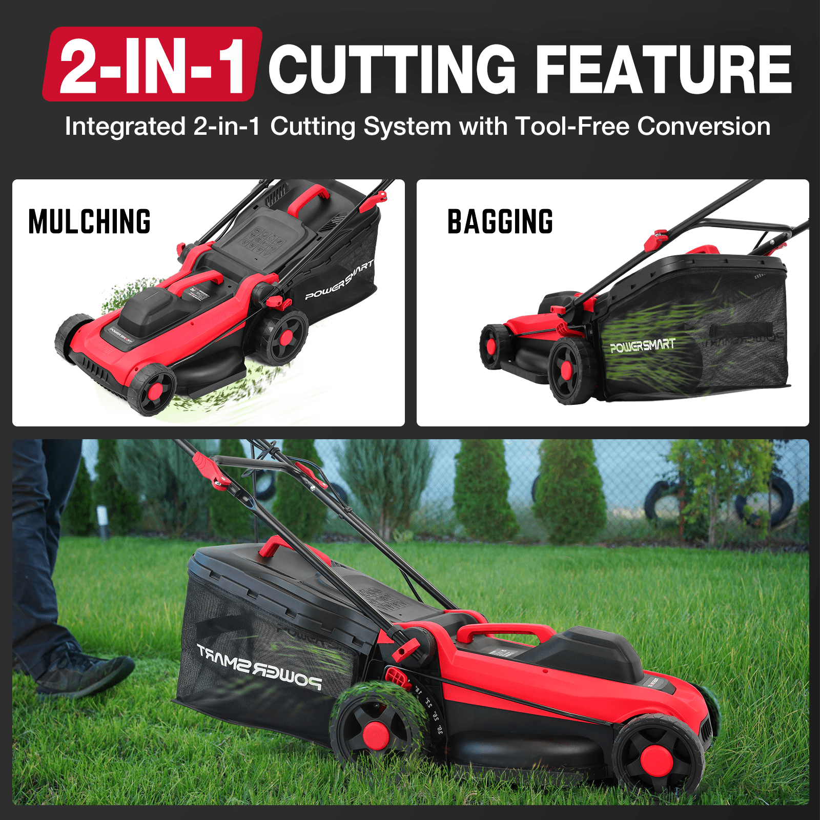PowerSmart 14" 120V 13A 2-in-1 Electric Push Lawn Mower, Easy Handling