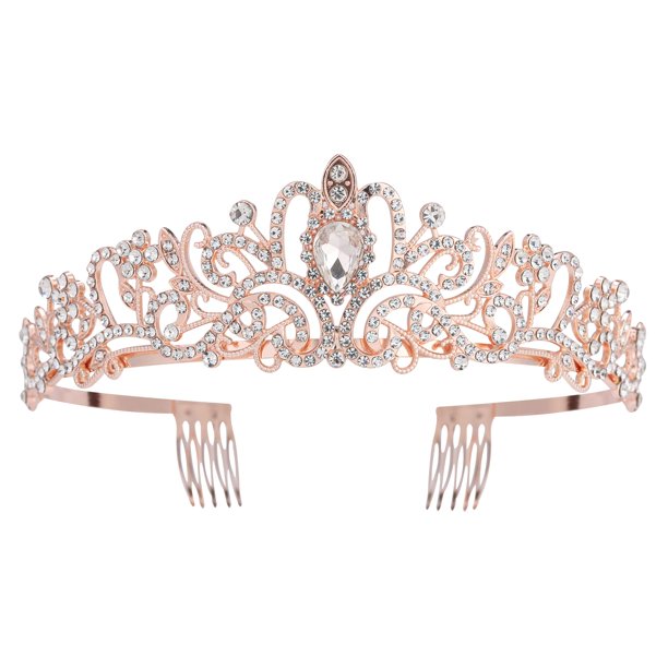 Coronas de cristal de oro rosa Tiara para mujeres y niñas, elegante corona de princesa con diamantes de imitación con peines, diademas para novia, fiesta de cumpleaños, fiesta de Halloween, accesorios