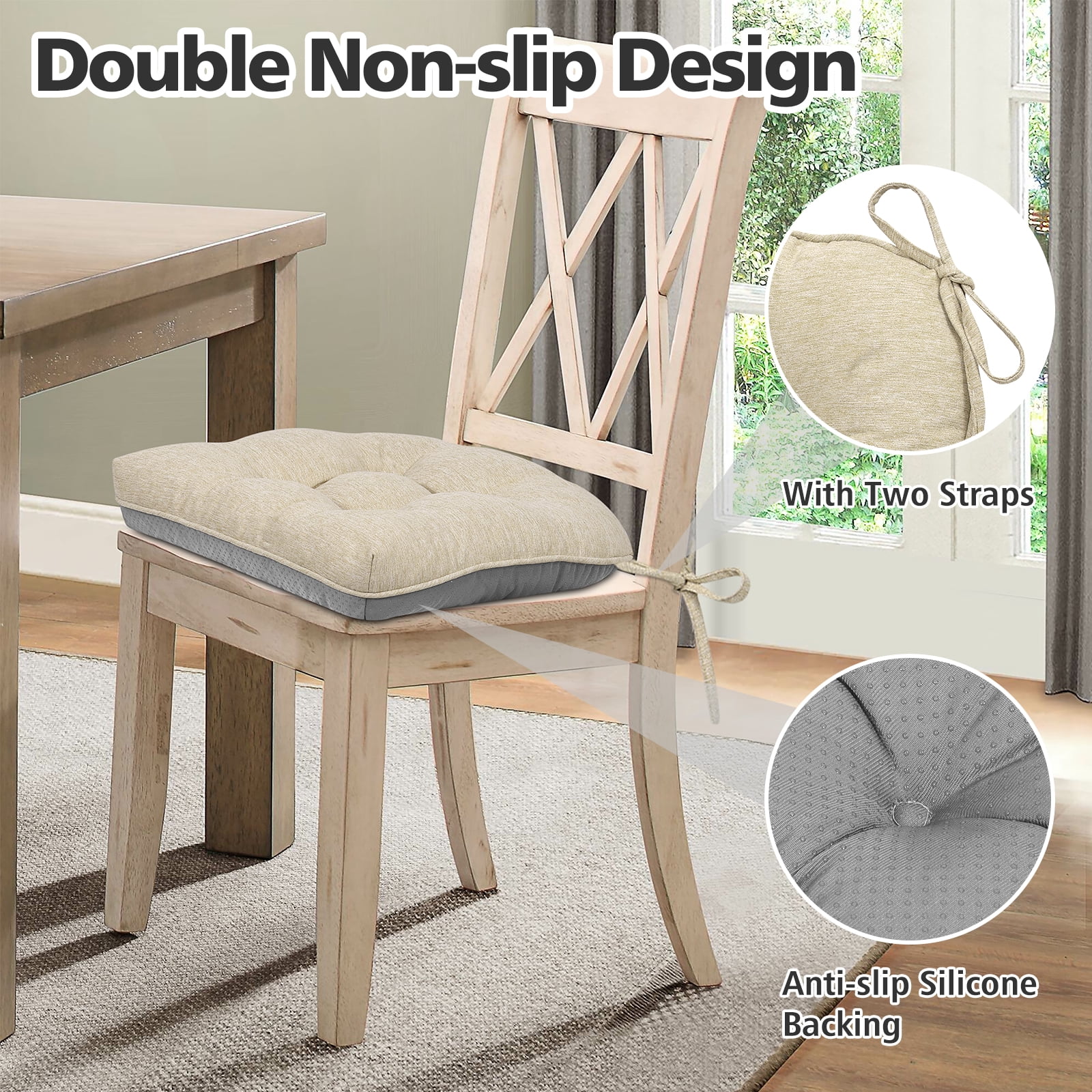 Shinnwa Chair Cushions for Kitchen Chairs Memory Foam Tufted Dining Chair Pads with Ties Non Slip Seat Cushions, Set of 4, Beige