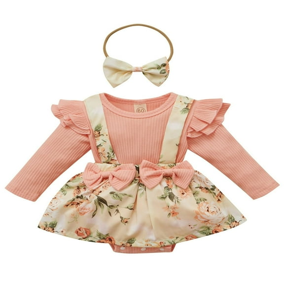 MesaSe Ensembles de Vêtements Doux pour Bébés Filles 3 Pcs Volants Barboteuse à Manches Longues Hauts Fleurs Jupe à Bretelles Bandeau Vert 6-12 Mois