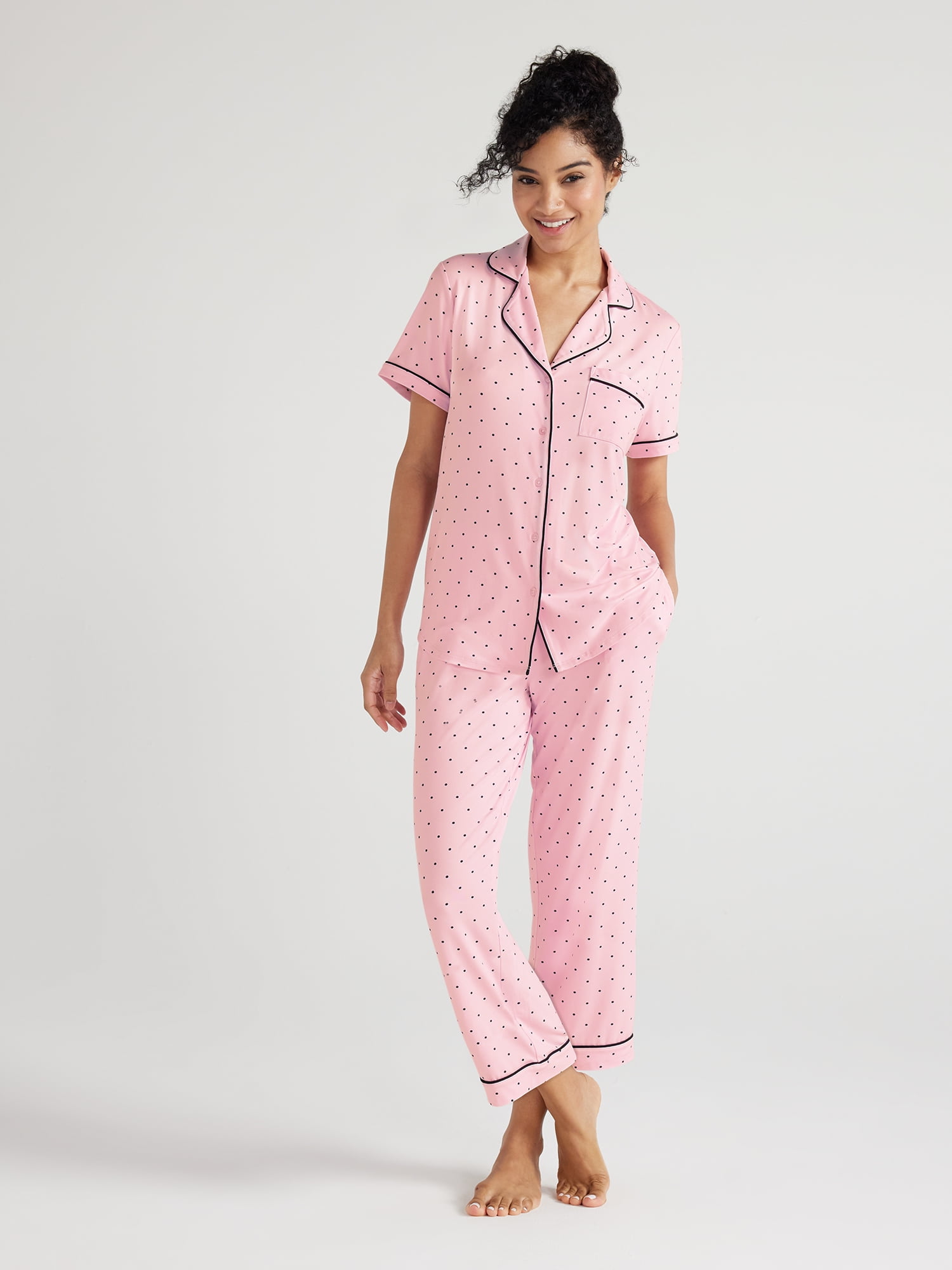 Joyspun Women's Knit Short Sleeve Notch Collar Top and Capri Pajama Set, 2-Piece, Sizes S to 3X