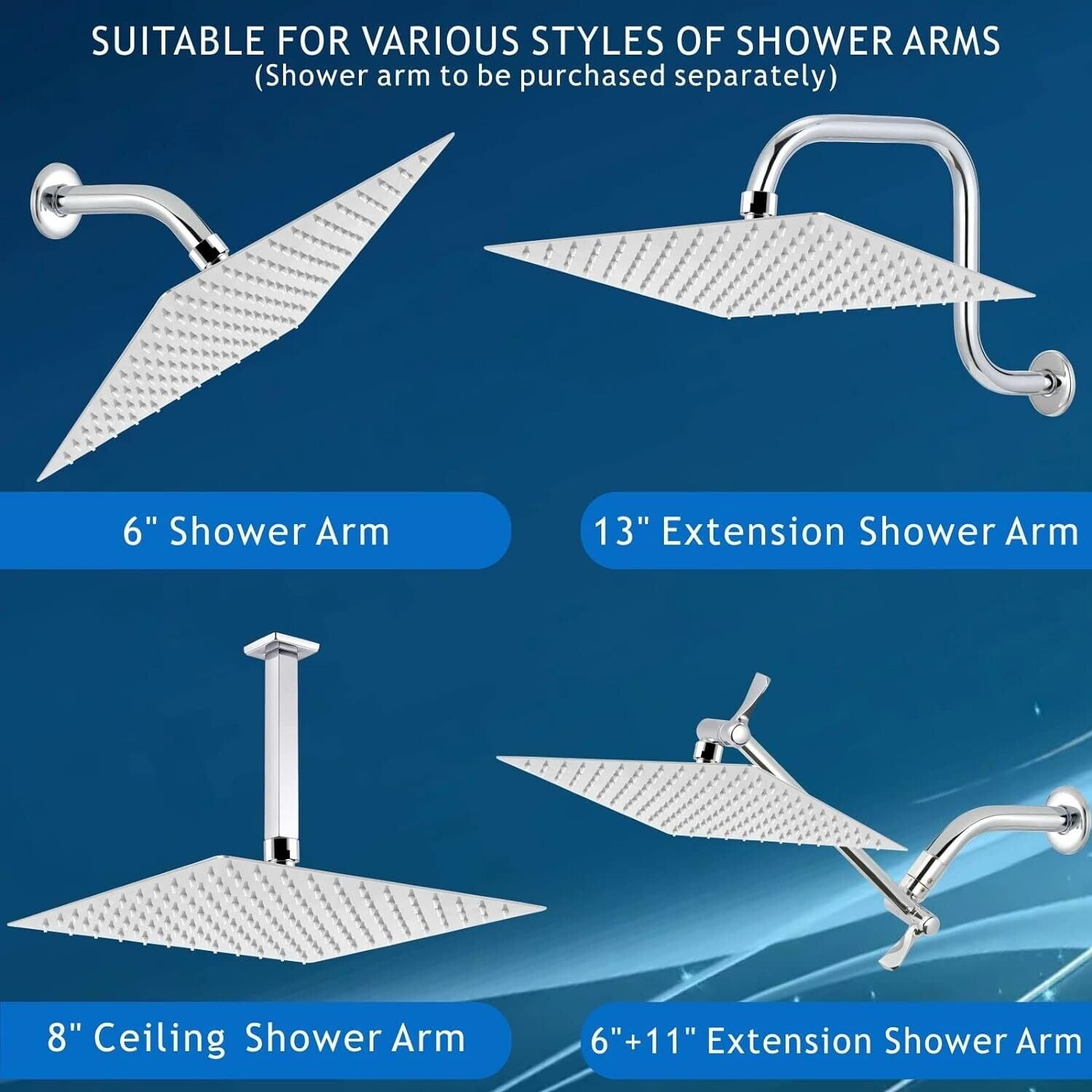 Zovajonia 12" Square Stainlese Steel High Flow Large Ultrathin Rainfall Shower head Chrome