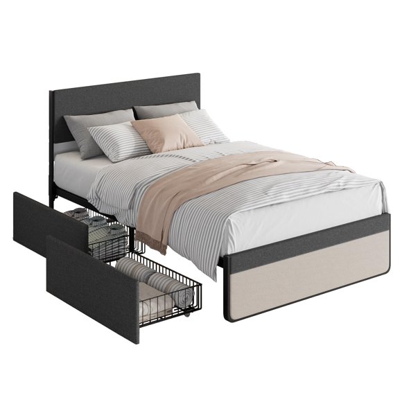 BeesClover Lit Plateforme Pleine Grandeur avec 2 Tiroirs et Tête de Lit, Support de Matelas avec Lattes en Métal, Solide, Stable, Sans Sommier, Assemblage Facile, Gris