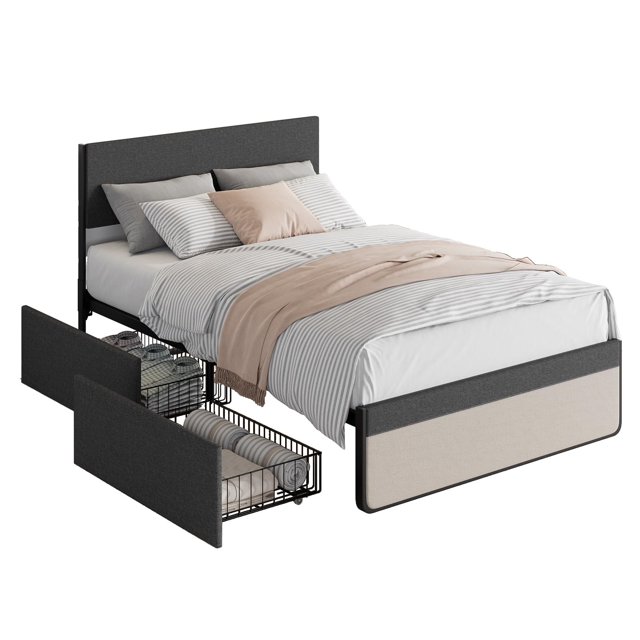 BeesClover Full Size Platform Bed Frame with 2 Drawers & Headboard, Mattress Support with Metal Slats, Solid, Stable, No Box Spring, Easy Assembly, Grey