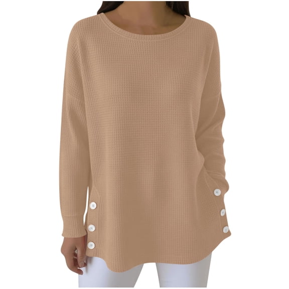 Akafmk Womens Long Sleeve Maternity Tops,Women's Maternity Waffle Knit Crew Neck Long Sleeve Solid Color Button Side Slit Pullover Loose Pregnancy Tops