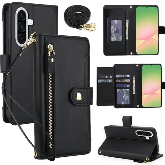 For Samsung Galaxy A17 5G Crossbody Wallet Phone Case,With Detachable Shoulder Strap Wrist Strap,Card Slots,Zipper Pocket,Flip Foldable Kickstand,Anti-Scratch Shokcproof Phone Case,Black