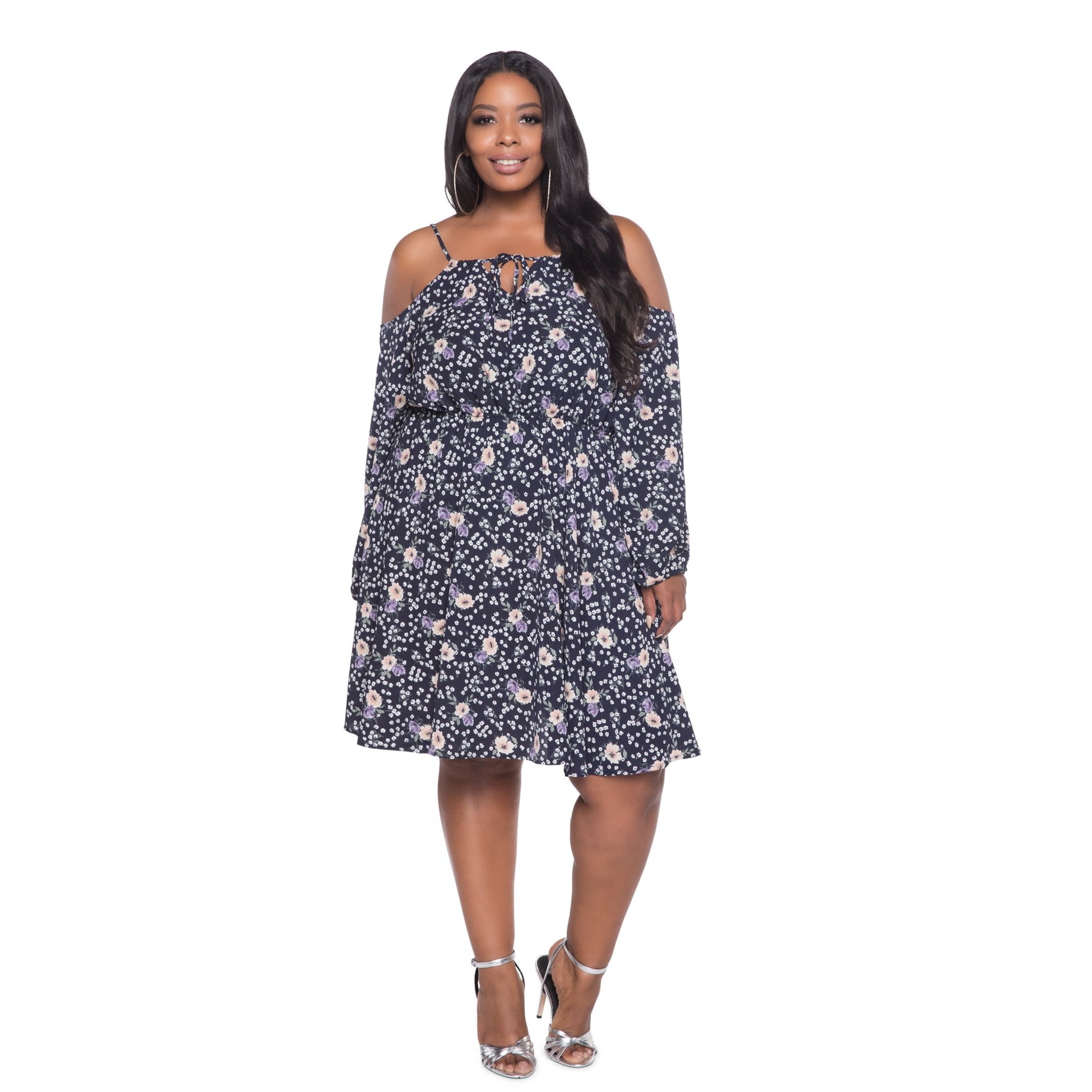 Buxom Peasant Dresses For Women, Blue Cold Shoulder Midi Printed
