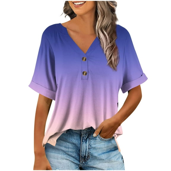 Womens Button Up Dressy Blouses, 3/4 Sleeve Shirts for Women Summer Fashion Loose Fit Ombre Tie Dye V Neck T-Shirts