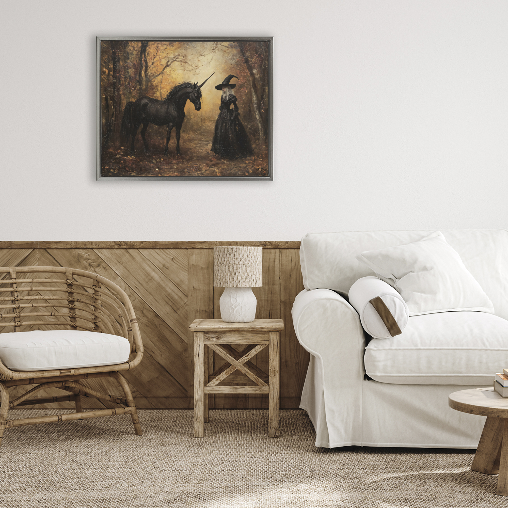 Witch & Black Unicorn Gray Framed Floater Canvas Wall Art, design by Arlington Prints