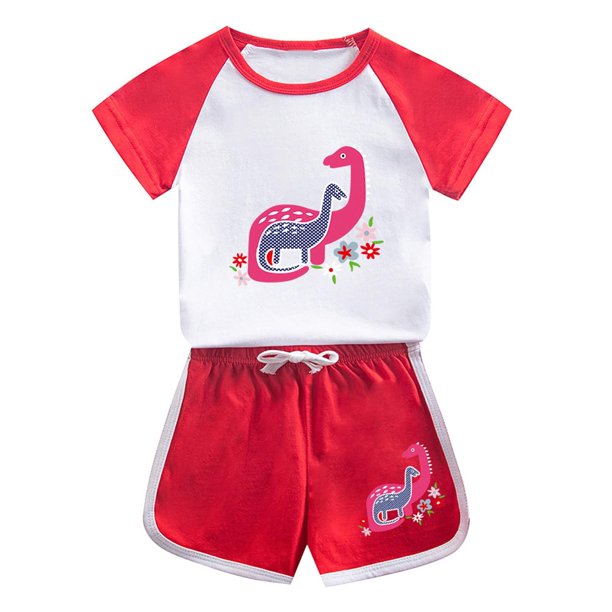 Odeerbi 1-12 Años Niños Niñas Conjuntos de Verano Estampado Dinosaurio Algodón Manga Corta Raglan Camisas Pantalones Cortos Conjunto de Dos Piezas
