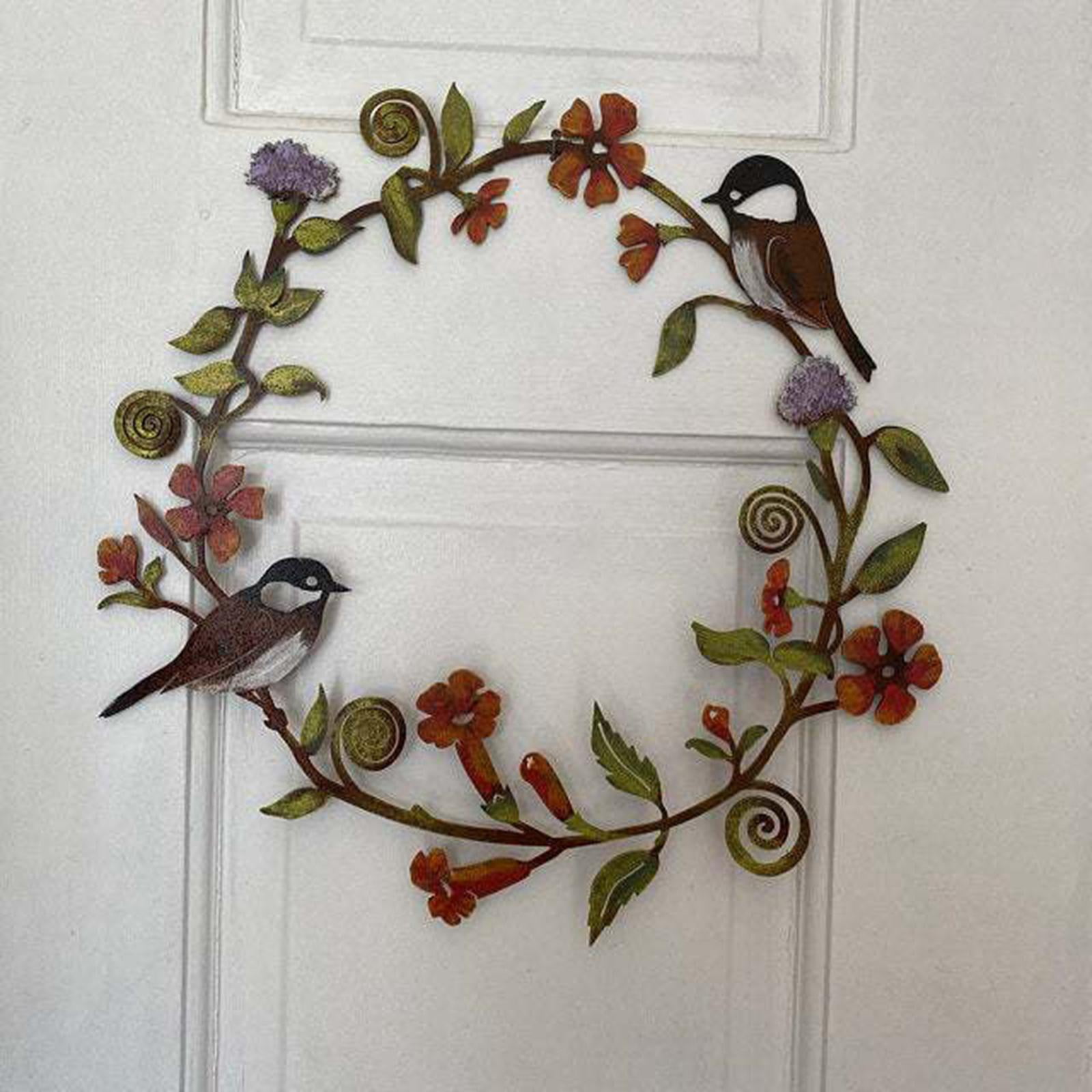 Chickadees Flowers Metal Art Wreath Decor for Door Window Wall Hanging Home 