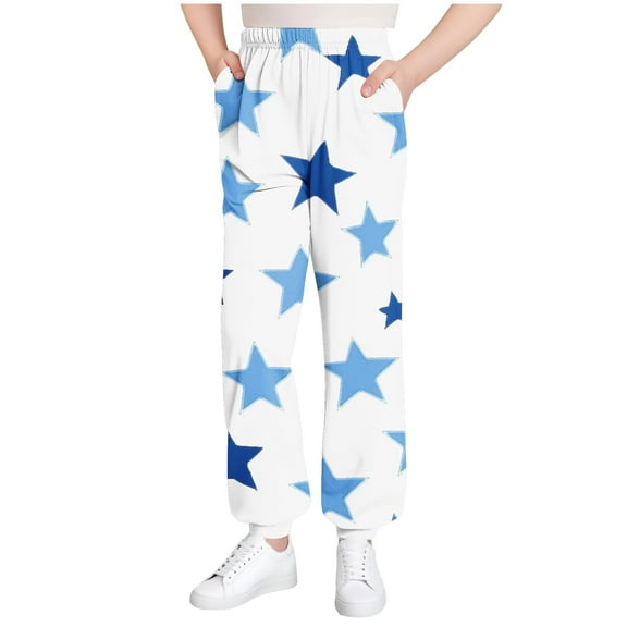Girls' Pants Striped/Plaid/Stars Printed Trendy Sweatpants Cinch Bottom Elastic Waisted Casual Jogger Pants (14-15 Years, White|Stars)