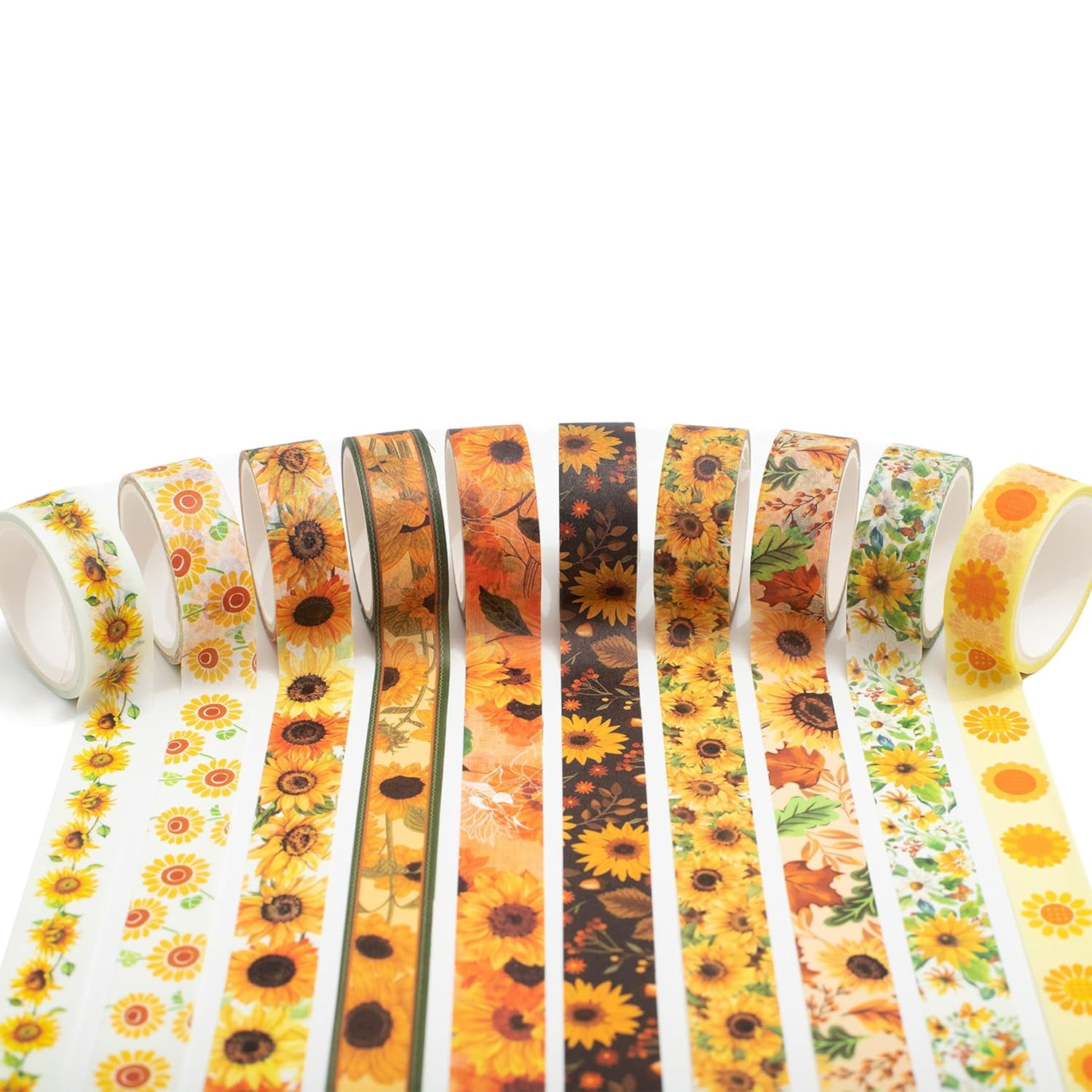 Sunflower Washi Tape Set 10 Rolls Floral Print Decorative Sun Flowers Masking Tapes for Arts, DIY Crafts, Journals, Planners, Scrapbook, Wrapping