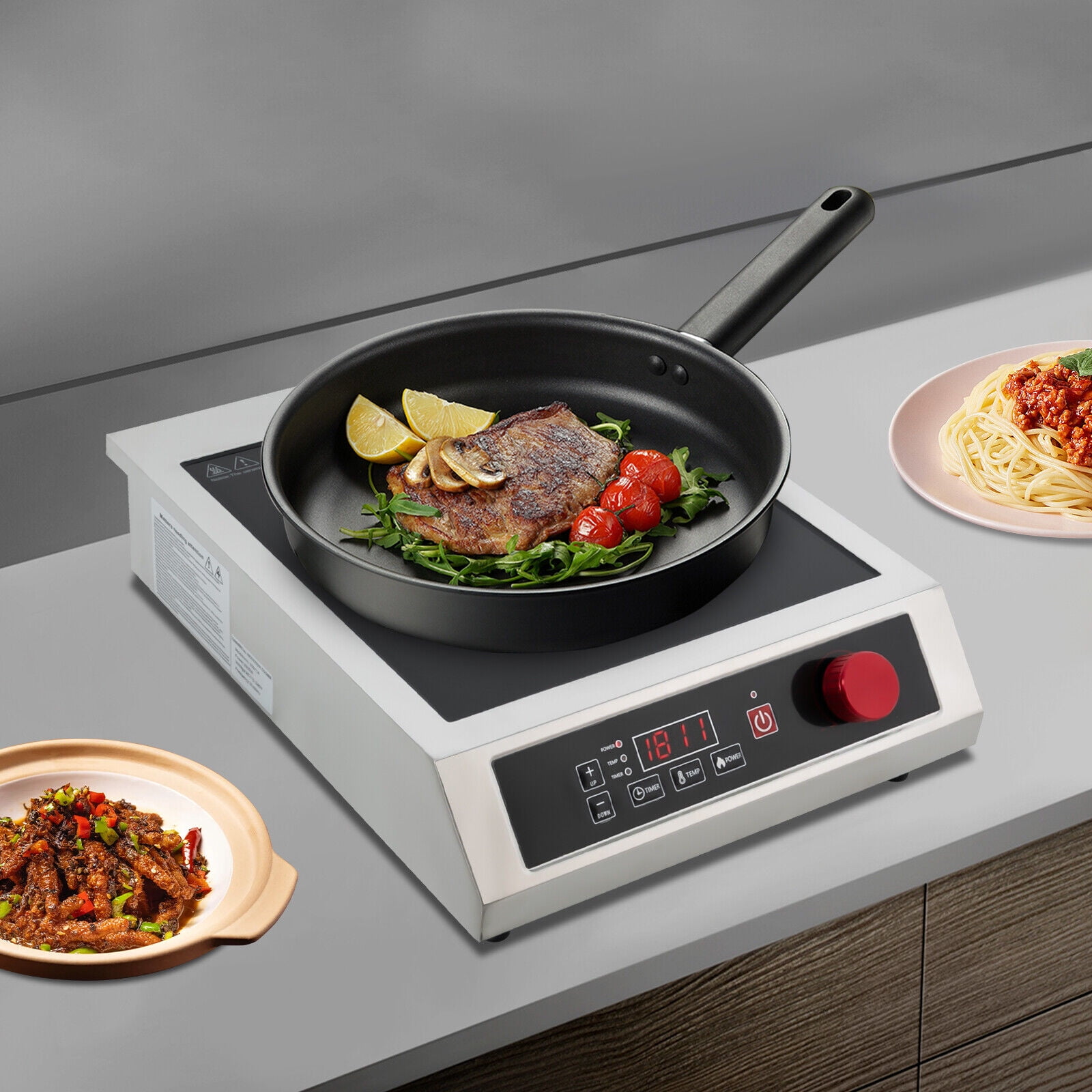 Black Stainless Steel Commercial Induction Cooktop with Adjustment Power and Powerful Electric Induction Burner W/Digital Sensor