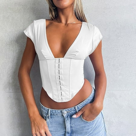 SNKSDGM Female Womens White Tank Top Undershirt Cotton Extra Long Tank Tops for Women Plus Size Womens Sexy Deep V Neck Corset Slim Lace Up Girl All T Shirt Vest Suspenders L