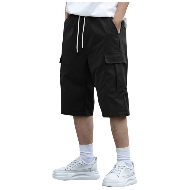 Mgmyaa Men's Cargo Shorts Drawstring Elastic Waist Solid Plus Size Over the knee Shorts Loose Casual Pants