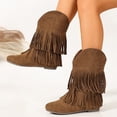 thumbnail image 2 of Mid Calf Boots for Women Suede Fringe Short Booties Round Toe Low Heel Casual Fall Winter Daily Shoes Brown 5.5, 2 of 8
