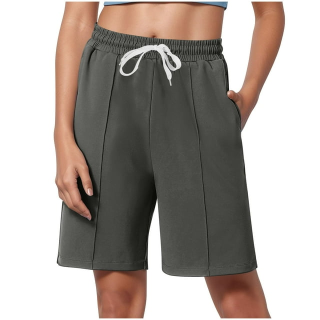 Besolor Summer Shorts for Women Elastic Waist Drawstring Straight Leg Knee Length Lounge Shorts with Pockets