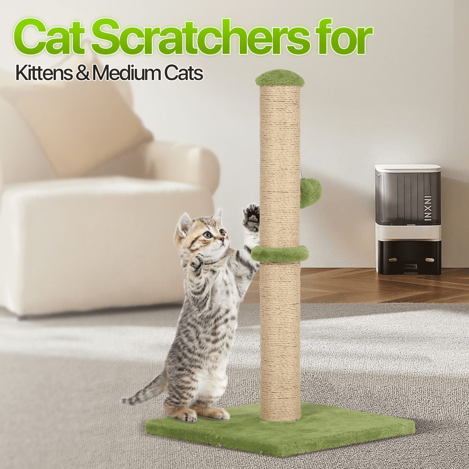 Dkelincs Cat Scratching Post with Sisal & Spring Ball Toy 22" Tall Cat Scratcher for Indoor Cats/Kittens Natural Sisal Scratch Post Trees for Living Room Bedroom, Green