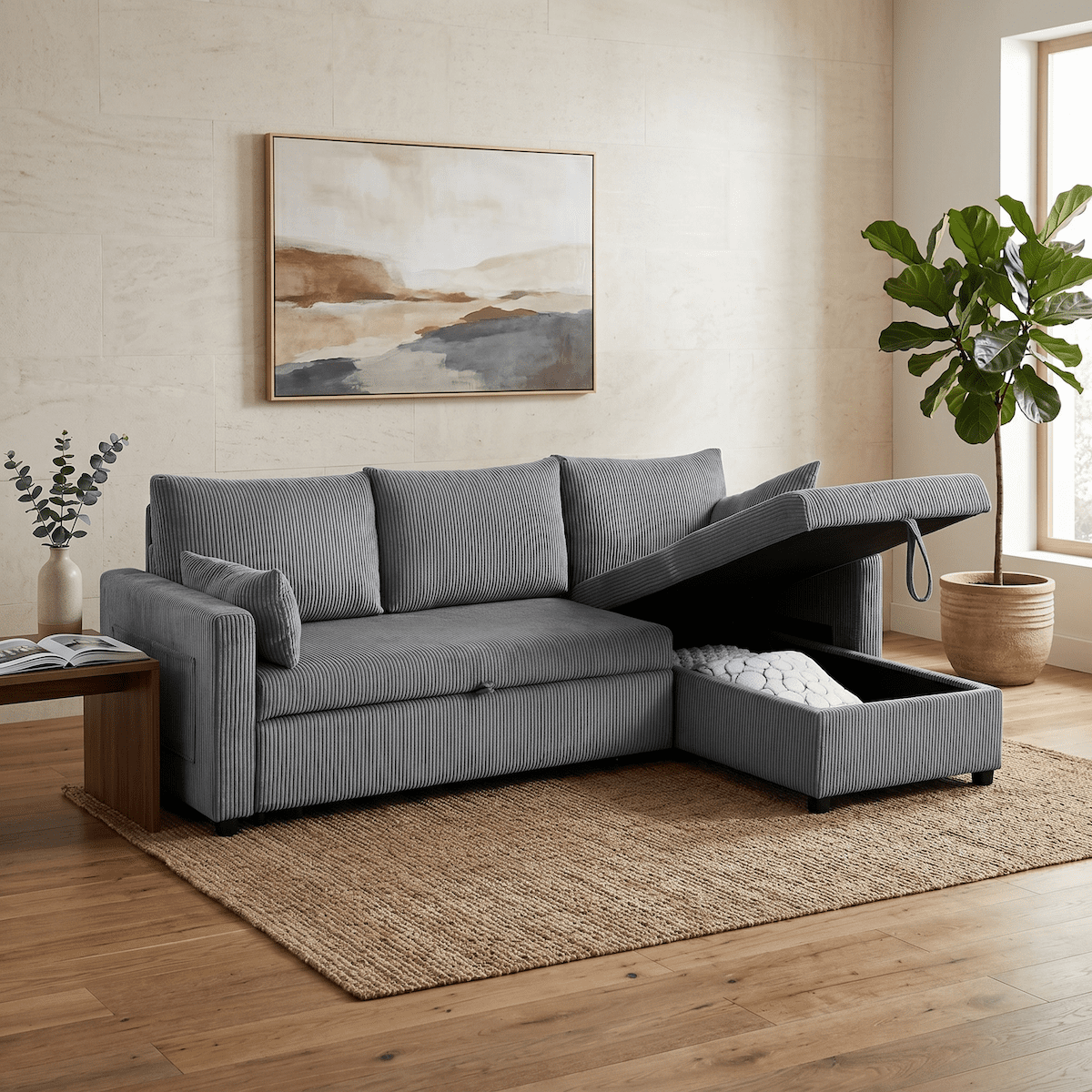 Xiweot 85" Sectional Sofa Bed, L Shaped Sleeper Sofa with Pull Out Bed & Storage Chaise, Corduroy 3 Seat Sectional Couch for Living Room Apartment Small Space (Black) (Gray)