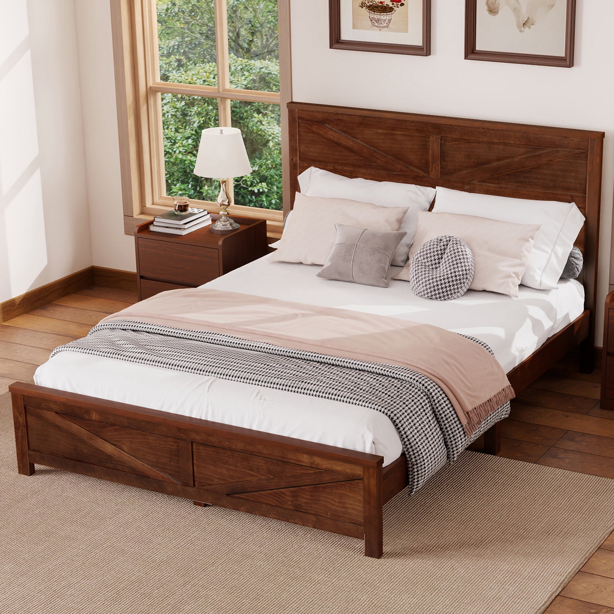 Mintazer Farmhouse Queen Size Platform Bed with Under-Bed Storage, Platform Bed Frame with Headboard & Footboard for Bedroom, Walnut