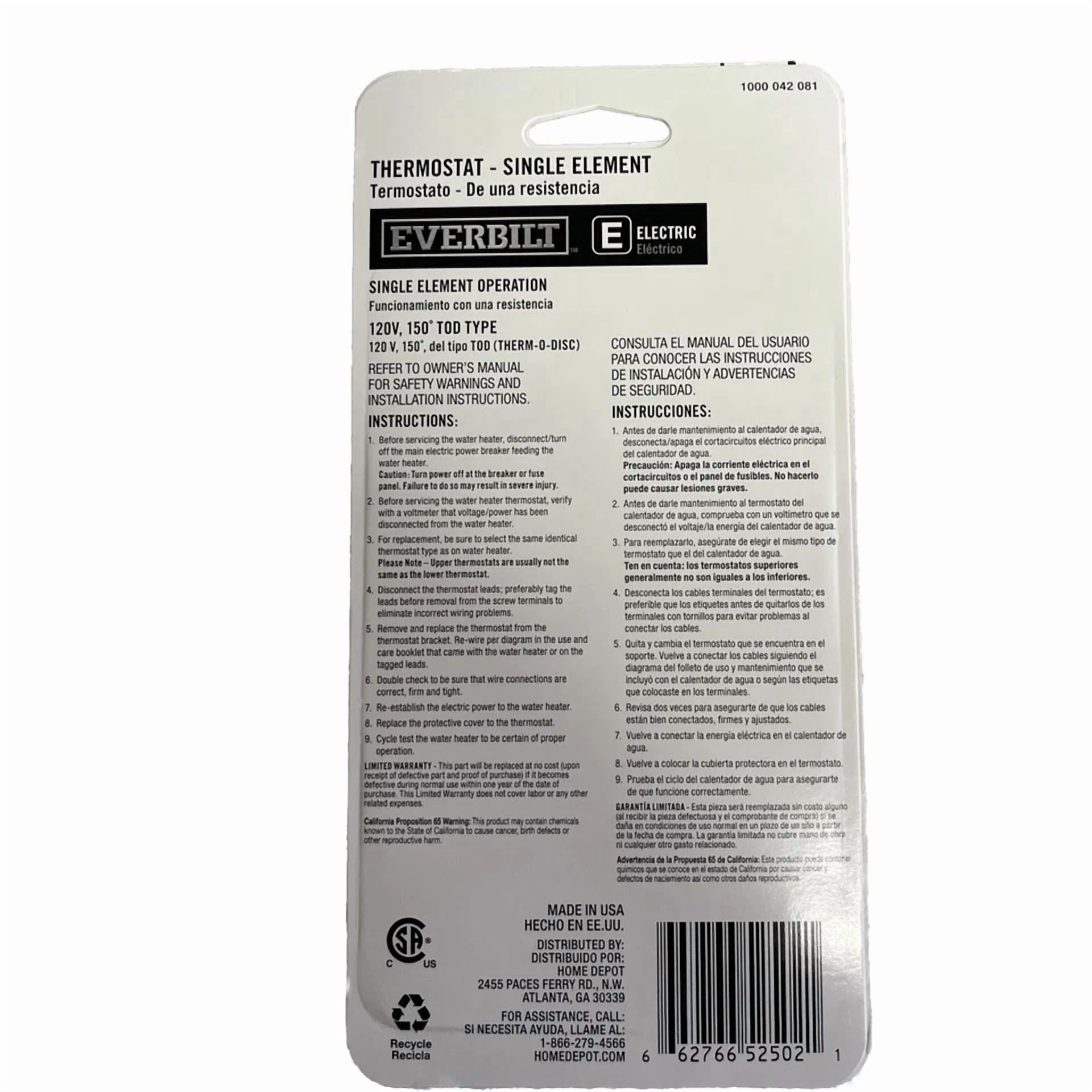 CRESTIN- Everbilt T-O-D H/Hlc Single-Element Thermostat For Residential Water Heaters