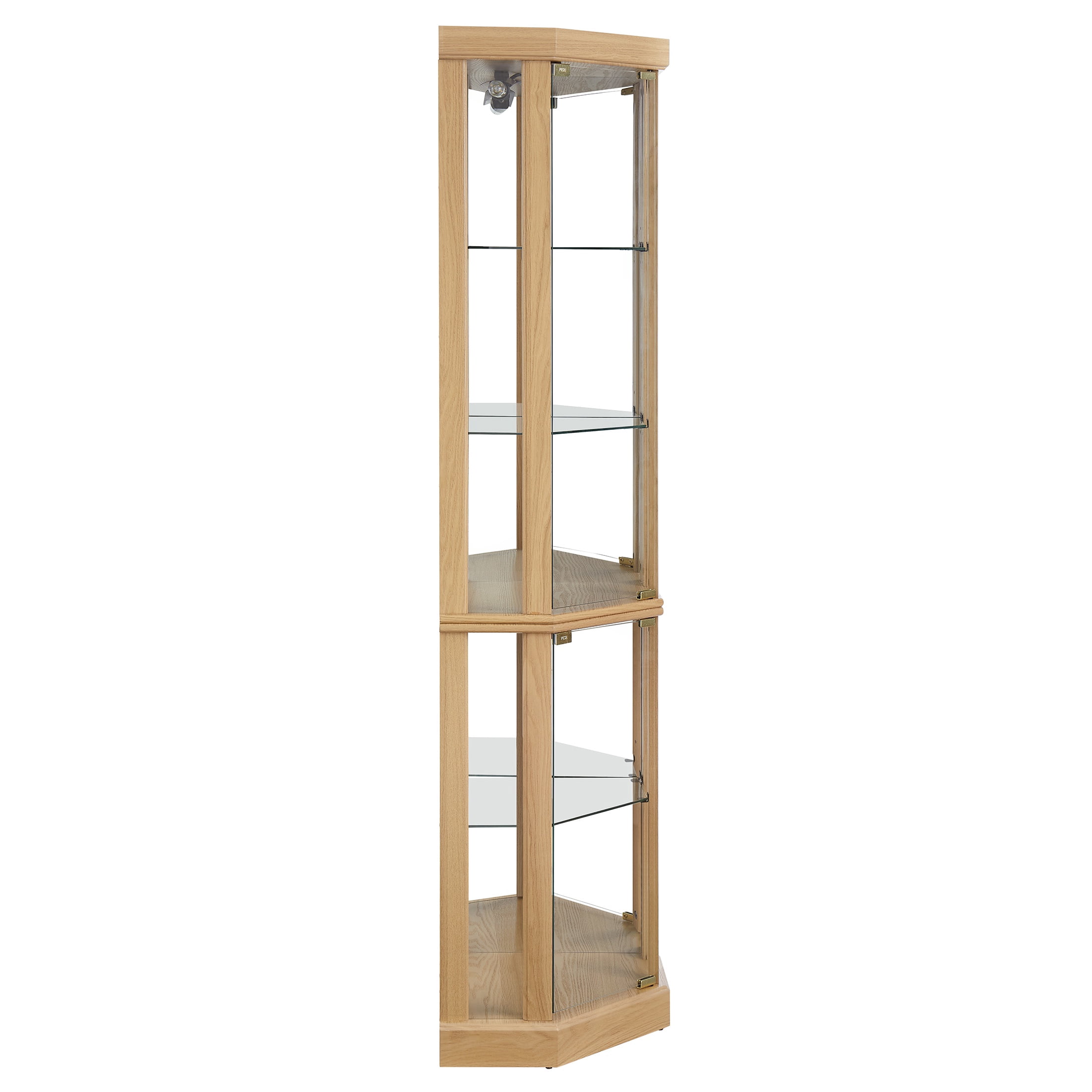 PORKISS Lighted 3-Side Glass Display Curio Cabinet with Tempered Glass Doors and Shelves, China Cabinet Wood Corner Cabinet with Bulb, Corner Curio Storage Rack for Bar, Liquor Storage, Oak