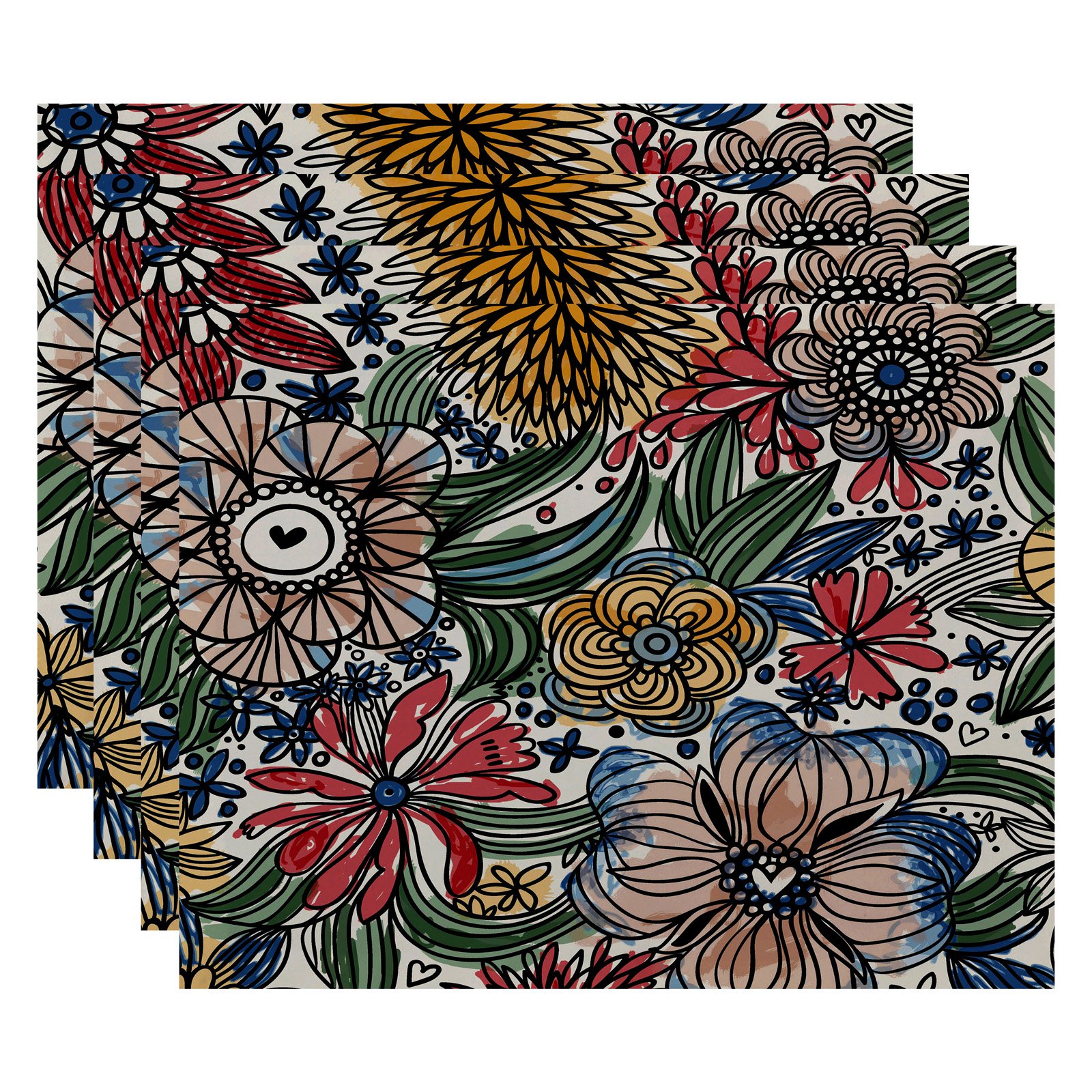 Simply Daisy 18" x 14" Zentangle Floral Floral Print Placemats, Set of 4
