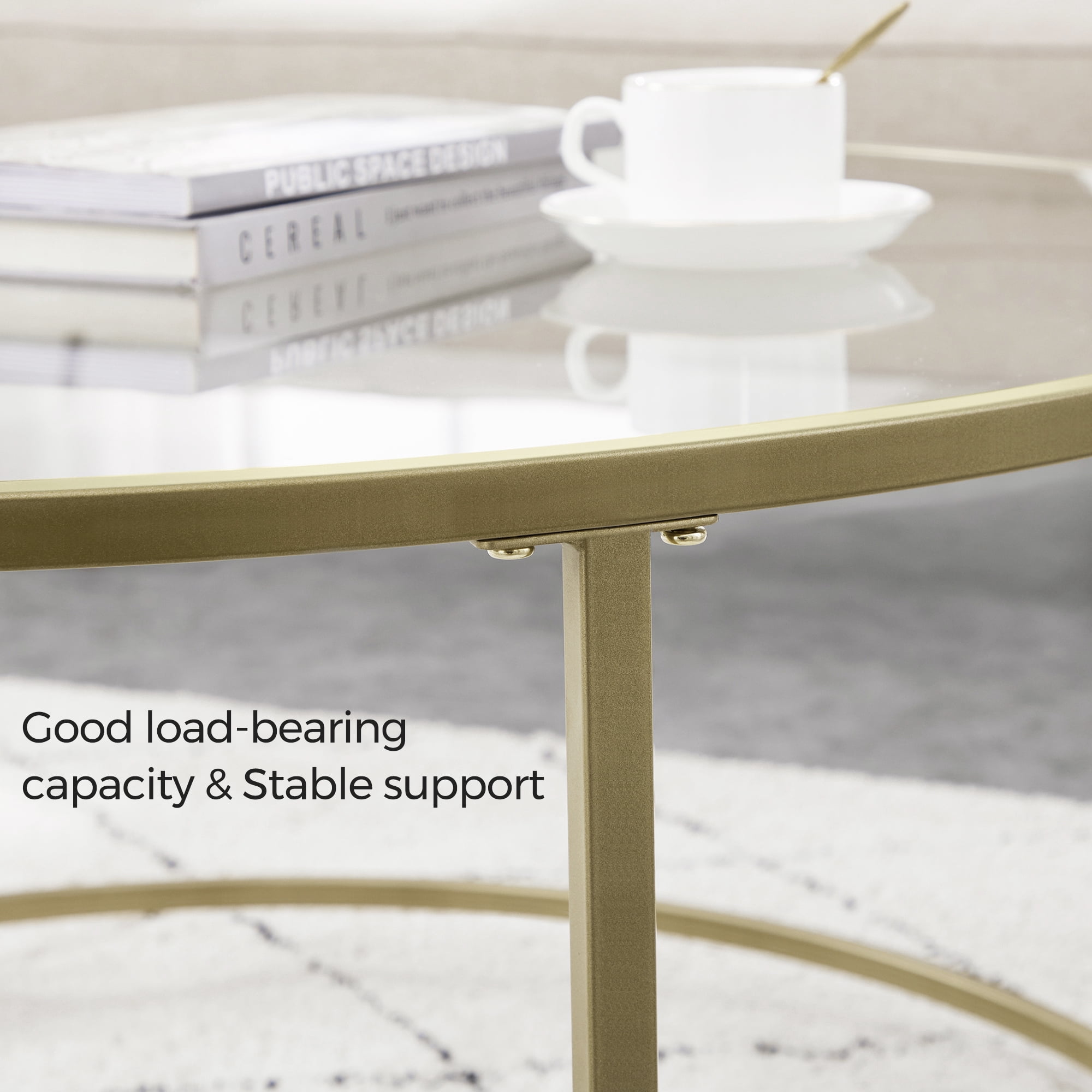 VASAGLE Round Coffee Table, 35.4-Inch Dia. Glass Table with Golden Steel Frame, Living Room Table, Sofa Table, Robust Tempered Glass, Stable, Gold