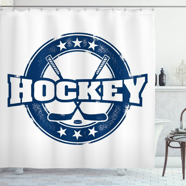 Hockey Shower Curtain Weathered Looking Vintage Stamp Composition Text Sticks And Stars In Circle Fabric Bathroom Set With Hooks 69w X 75l Inches Long Navy Blue White By Ambesonne Com Hockey Shower Curtain Weathered, Hockey Shower Curtain