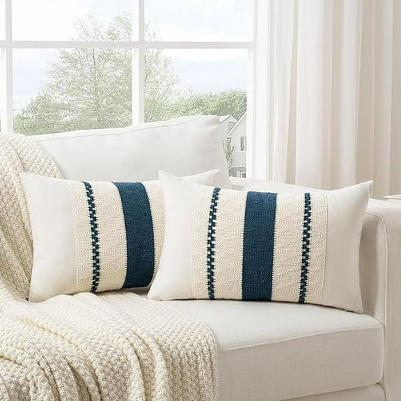Pillow Cover Set of 2 Boho Teal Long Lumbar Decorative Throw Pillow Cover 14x24 Inch for Couch Bed Sofa Chair, Modern Organic Farmhouse Home Decor, Soft Cotton Cute Accent Rectangle Cushion Case